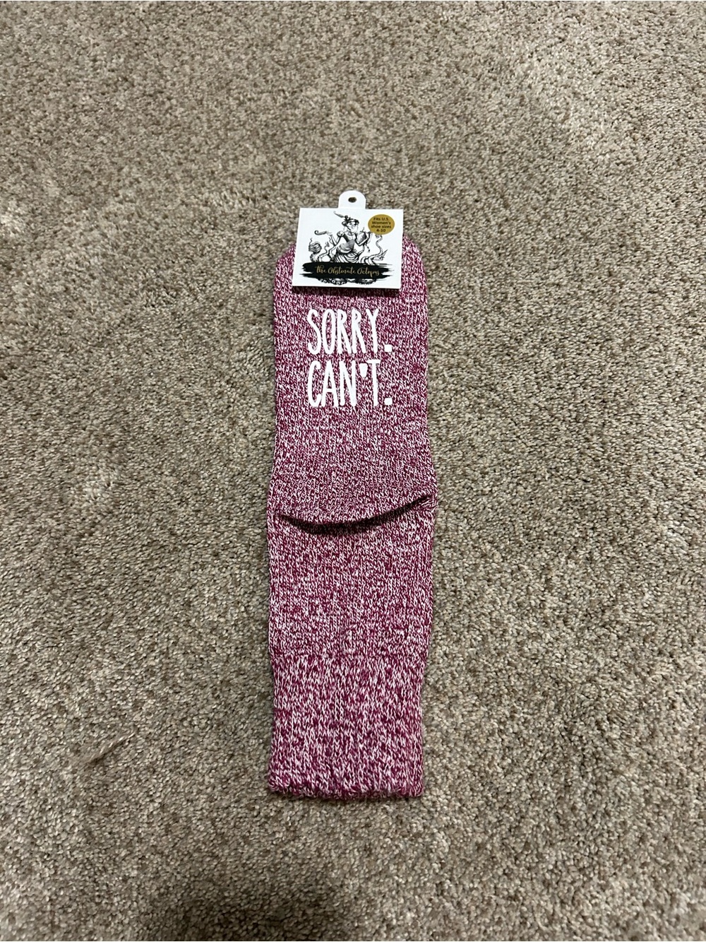 Socks with text 'SORRY. CAN'T.'